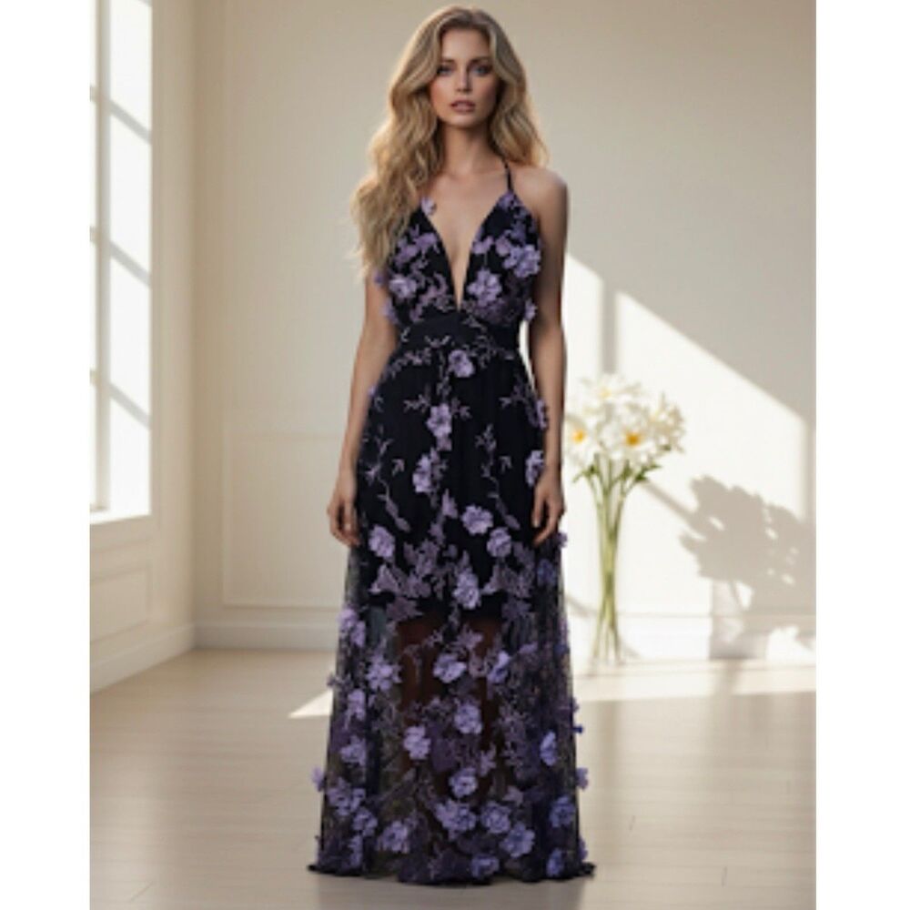 Black & Purple 3D Floral Maxi Dress Size 8 Deep V Strappy Dark Fairy Witchy Vamp
